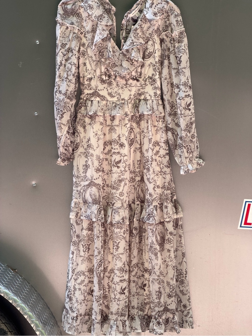 Francesca's Collections Cream Maxi Dress with Brown Toile Print